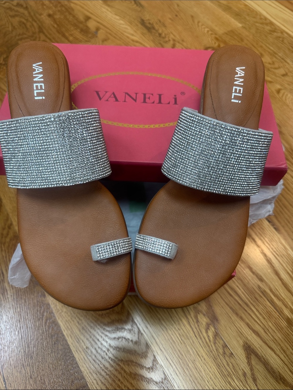 Vaneli Silver Crystal Wide-Band Slide Sandals with Toe Loop